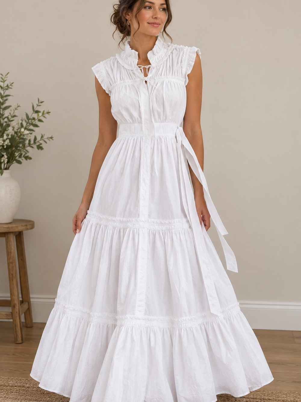 Proenza Schouler (No Label) White Ruffled Tie-Waist Maxi Dress
